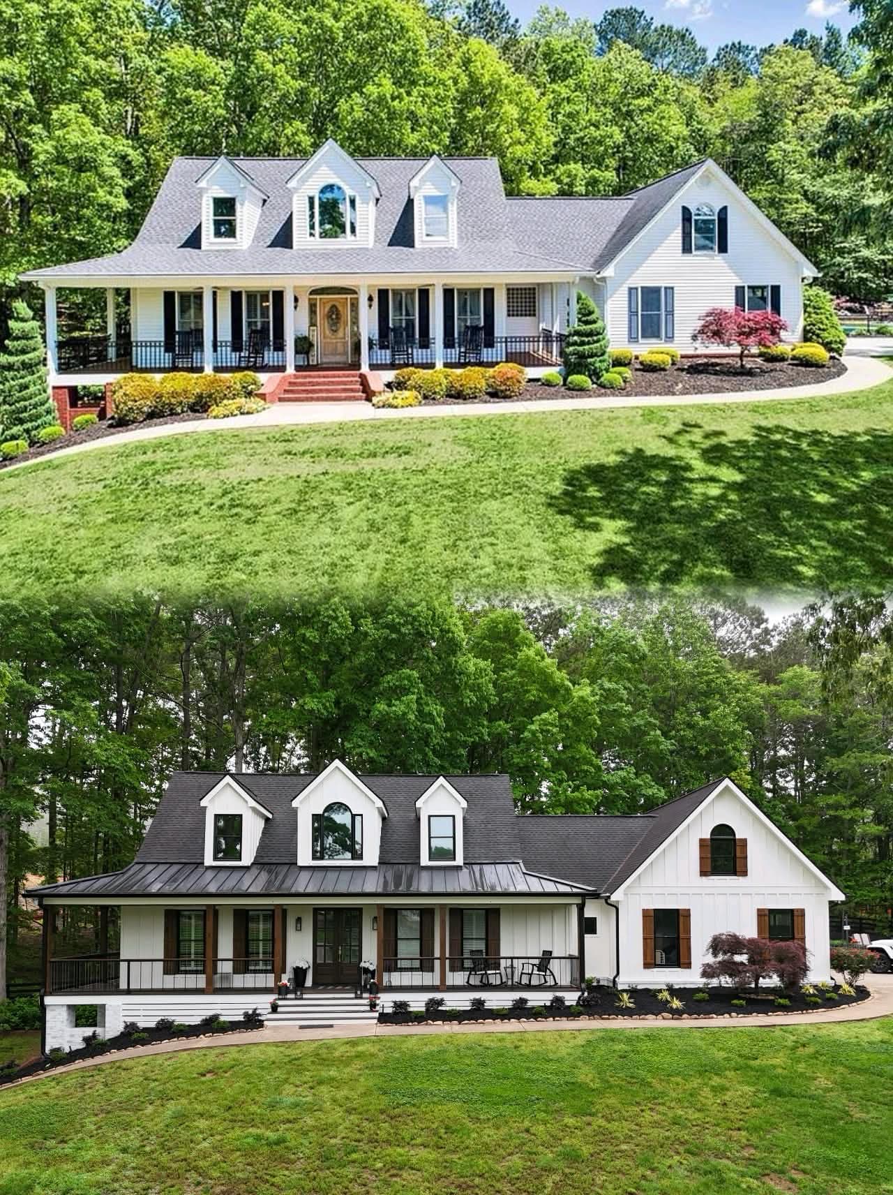 Before-and-after of a farmhouse restoration, shown above and below
